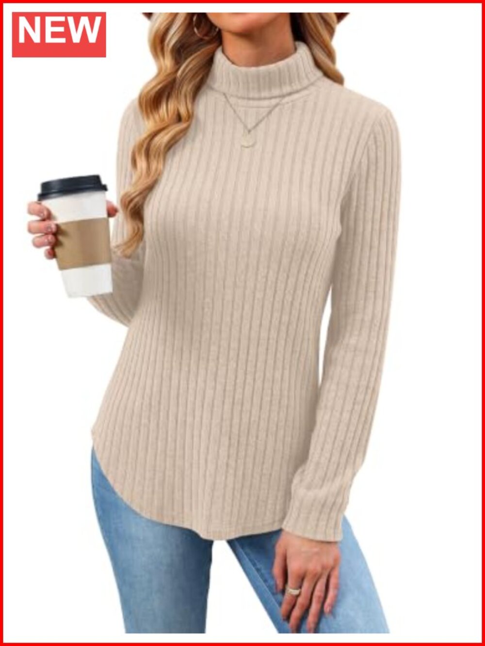 Fold-Over Turtleneck Tunic Sweater Loose Fit Knit Pullover for Leggings
